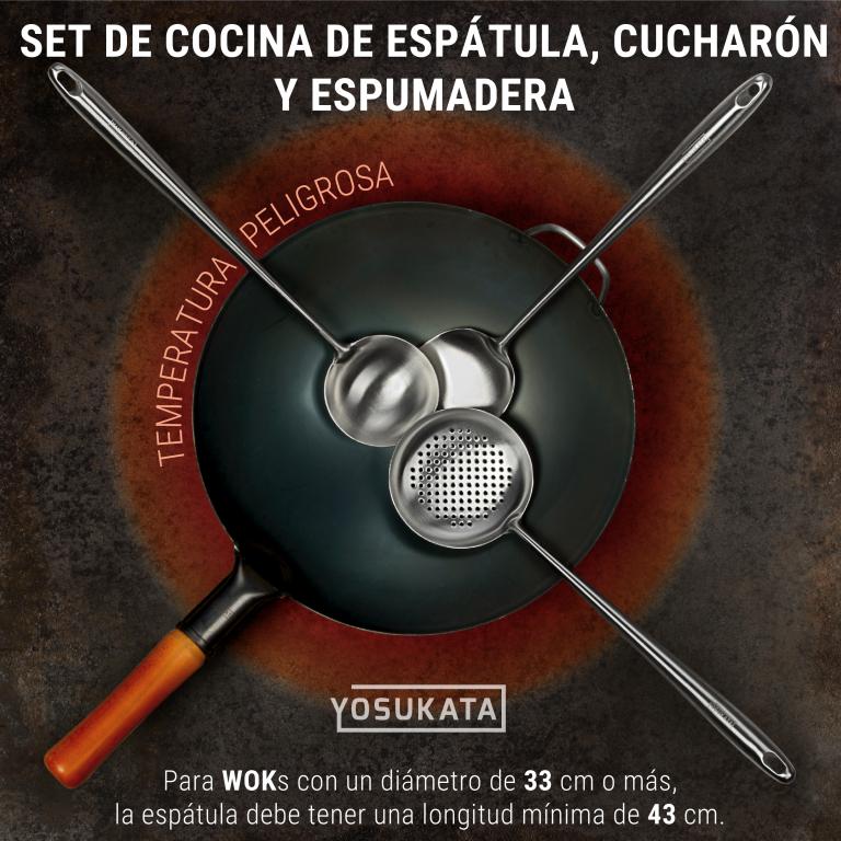 Yosukata Set de Utensilios para Wok (Espátula de 17 pulgadas y Cucharón y Espumadera de Acero Inoxidable)