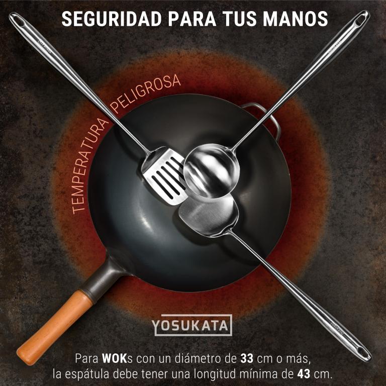 Yosukata Set de Utensilios para Wok (Espátula de 17 pulgadas y Cucharón y Volteador de Acero Inoxidable)