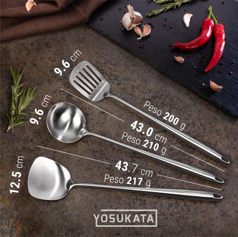 Yosukata Set de Utensilios para Wok (Espátula de 17 pulgadas y Cucharón y Volteador de Acero Inoxidable)