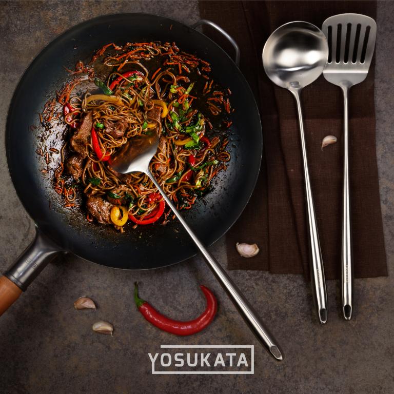 Yosukata Set de Utensilios para Wok (Espátula de 17 pulgadas y Cucharón y Volteador de Acero Inoxidable)