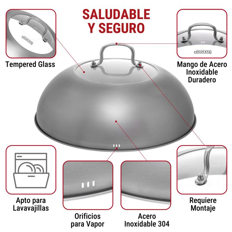 Yosukata Tapa para Wok de 32.5 cm - Tapadera para Wok de Acero Inoxidable