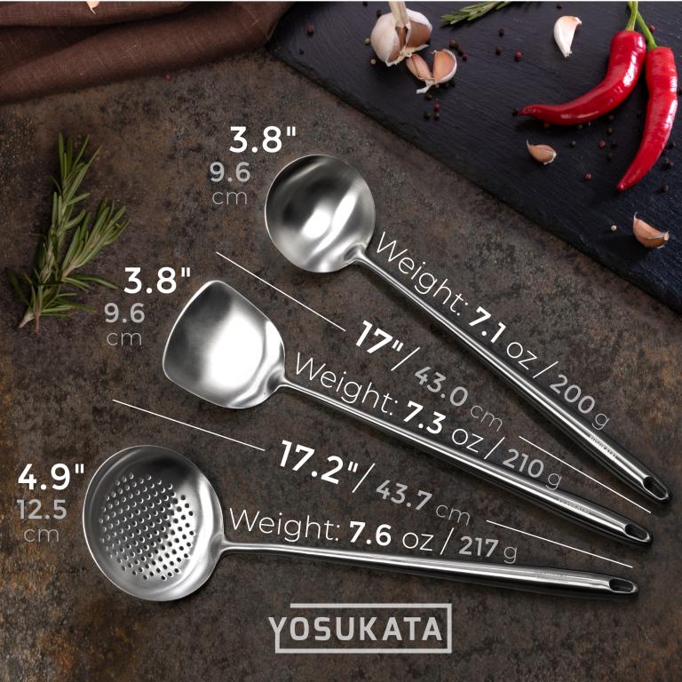 Yosukata Set de Utensilios para Wok (Espátula de 17 pulgadas y Cucharón y Espumadera de Acero Inoxidable)