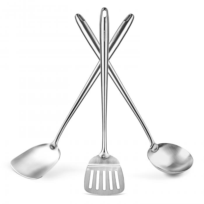 Yosukata Set de Utensilios para Wok (Espátula de 17 pulgadas y Cucharón y Volteador de Acero Inoxidable)