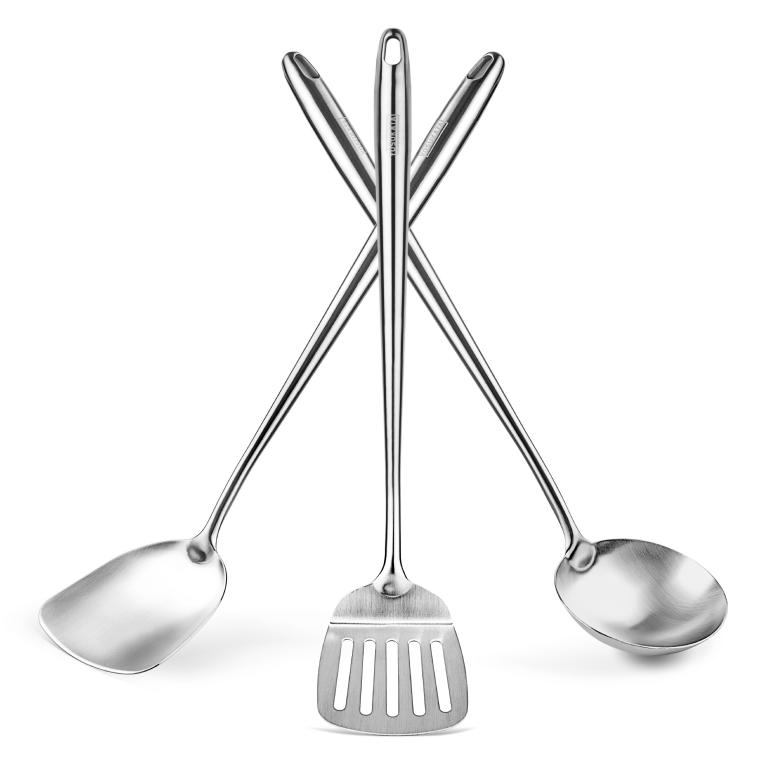 Yosukata Set de Utensilios para Wok (Espátula de 17 pulgadas y Cucharón y Volteador de Acero Inoxidable)